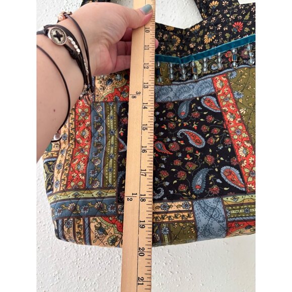 Handcrafted Boho Patchwork Tote Bag With Floral & Paisley Patterns Beaded Trim - Picture 8 of 14